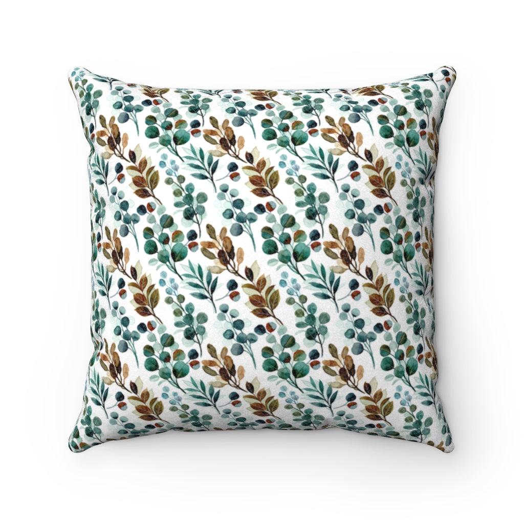 farmhouse floral and leaves pattern pillow in teal blue and brown color 