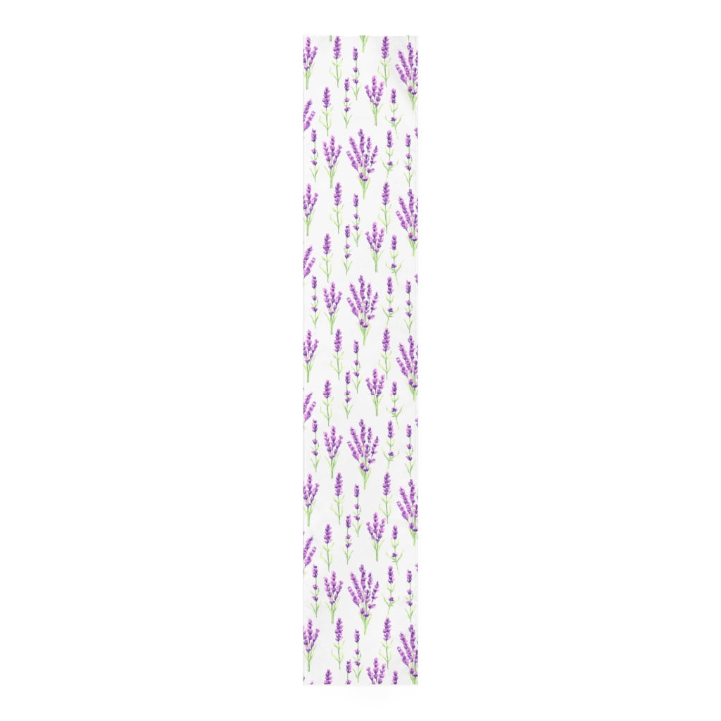 purple lavender decor, table runner with lavender flowers and green leaves 