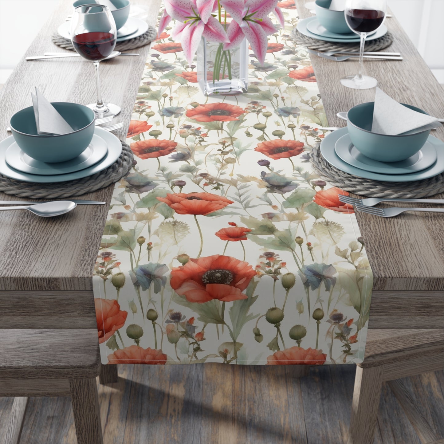 red poppy table runner with green leaves and flowers for veterans day gifts