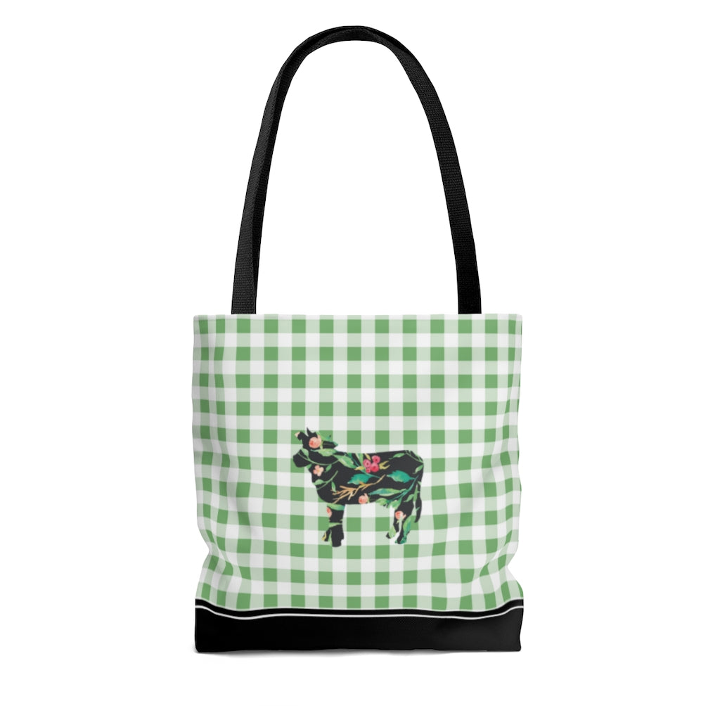womens tote bag in green buffalo plaid with a cow and flowers 