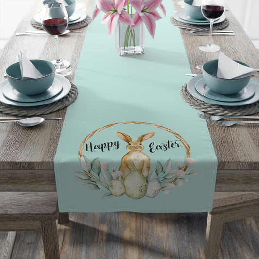 pastel green happy easter table runner with bunny and easter egg print