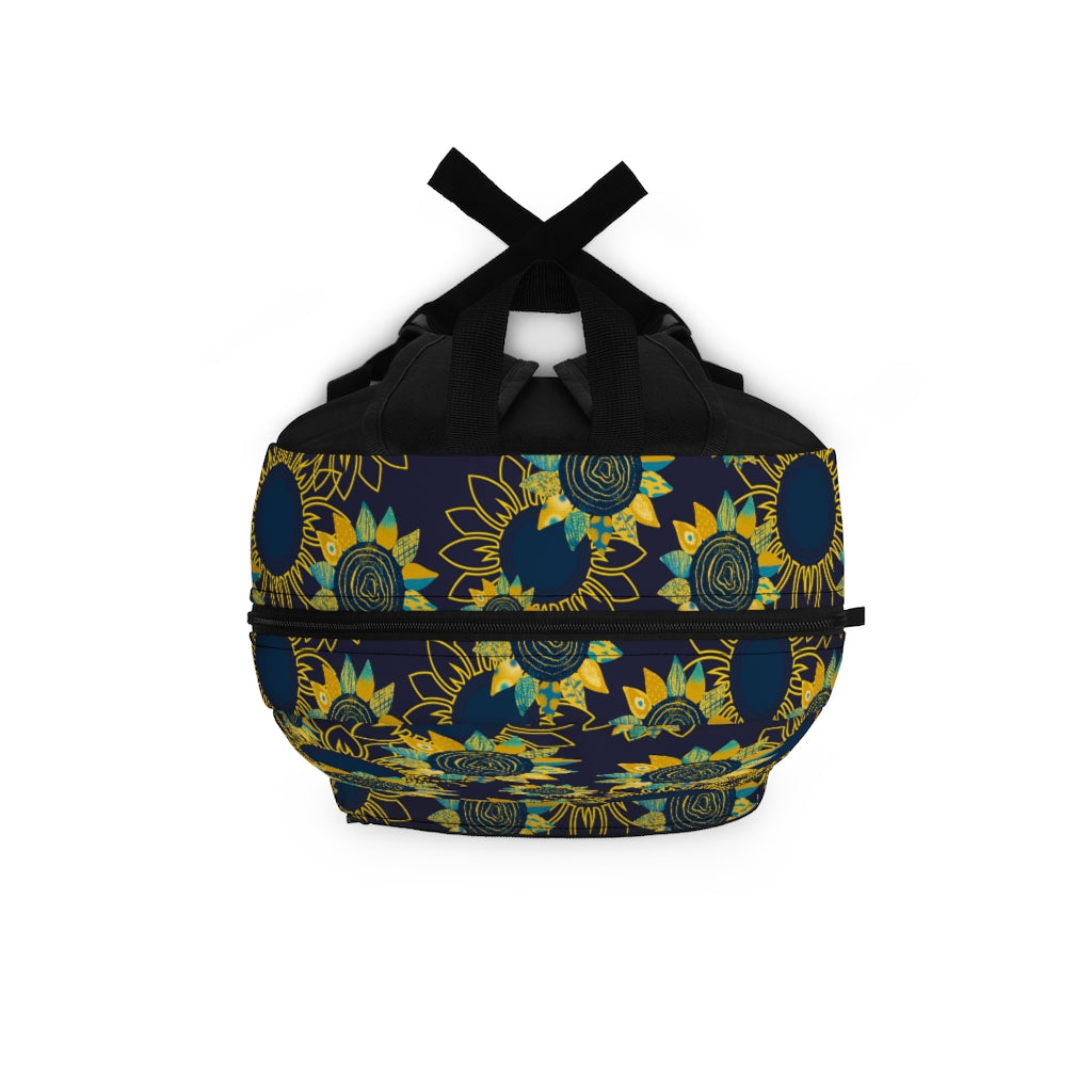 top view of sunflower backpack in blue color with yellow sunflower pattern