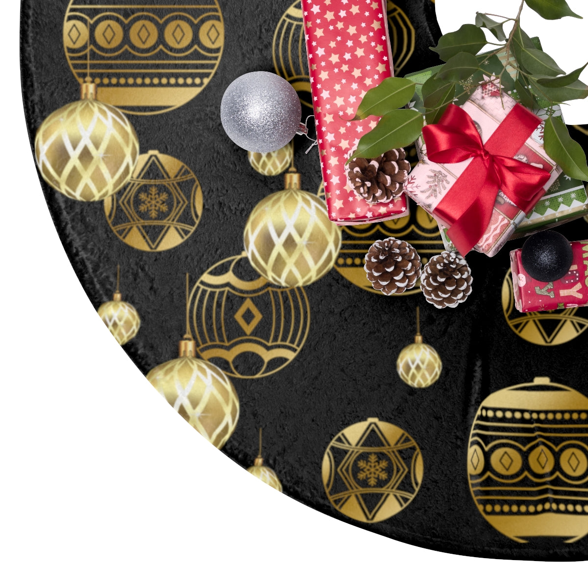 black and gold christmas tree skirt with gold christmas ornament pattern