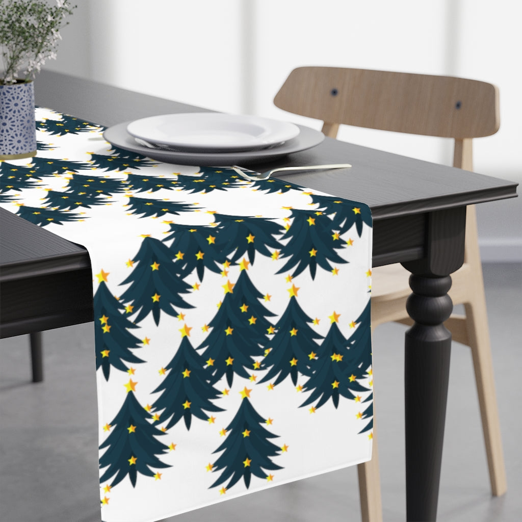 Christmas table runner with teal trees and yellow stars