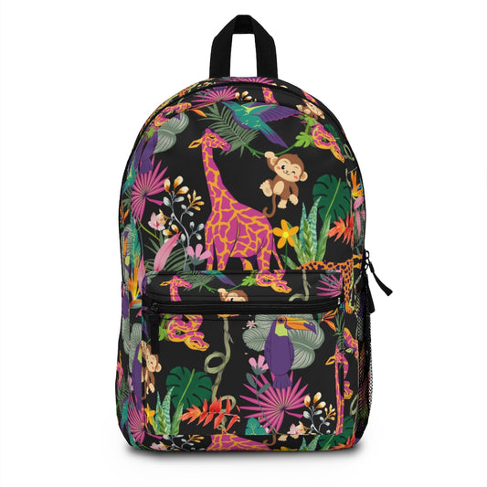 jungle animal backpack for back to school. black color with pink, blue, purple, brown and green leaves and animals