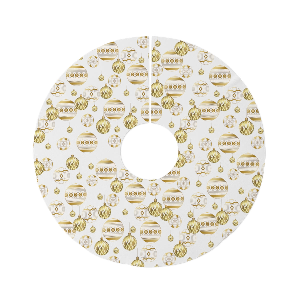 gold and white christmas tree skirt with christmas ornaments