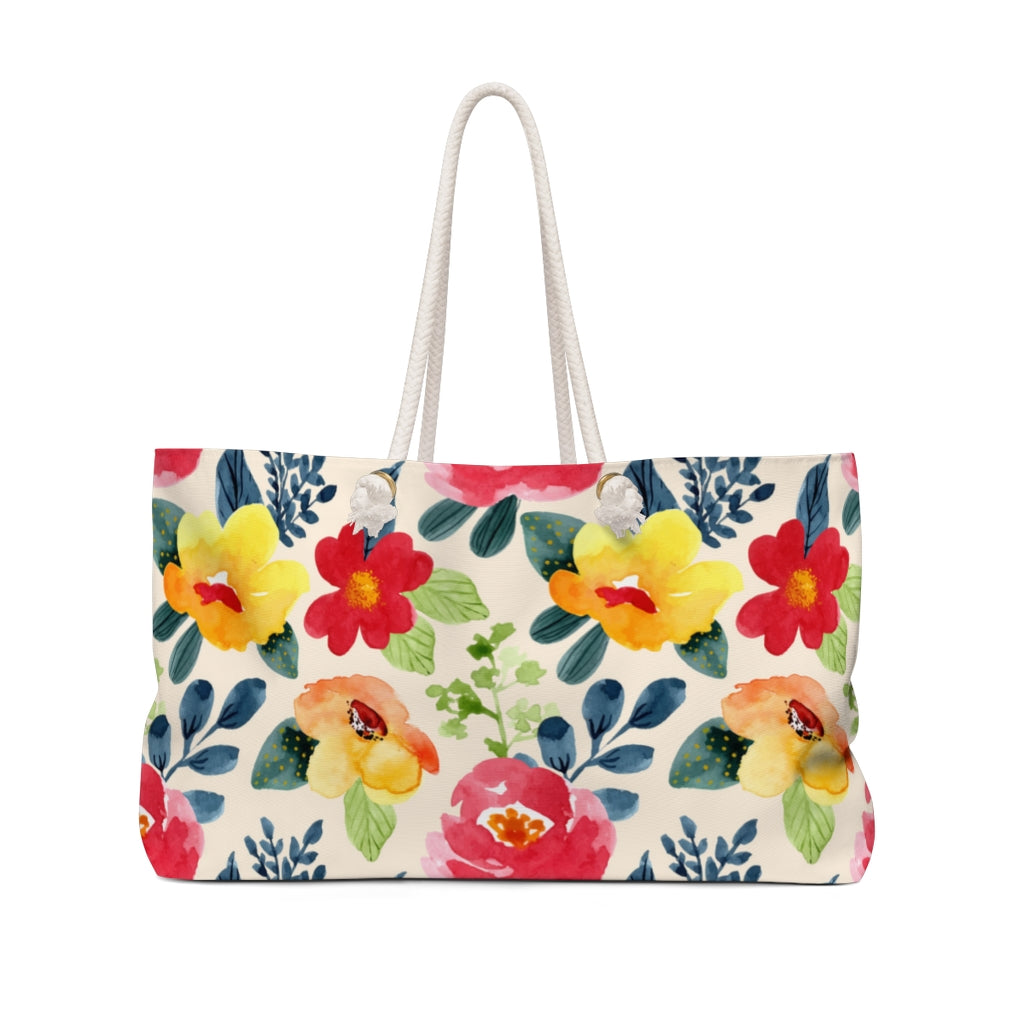 flower bag in yellow, navy blue and red flowers