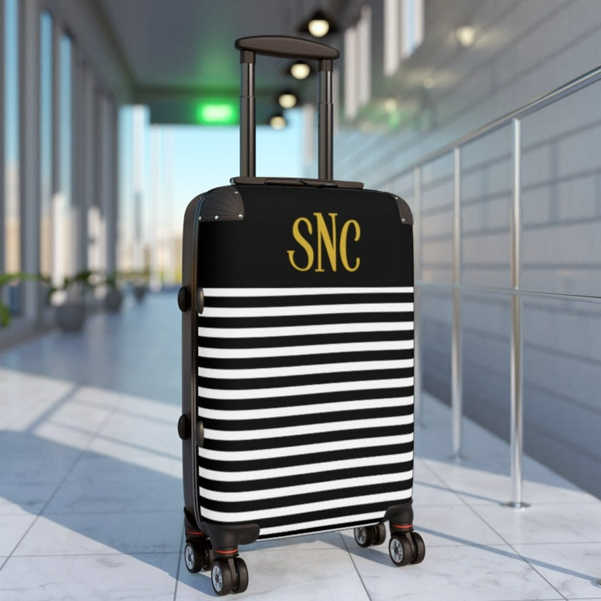 personalized suitcase with gold monogram