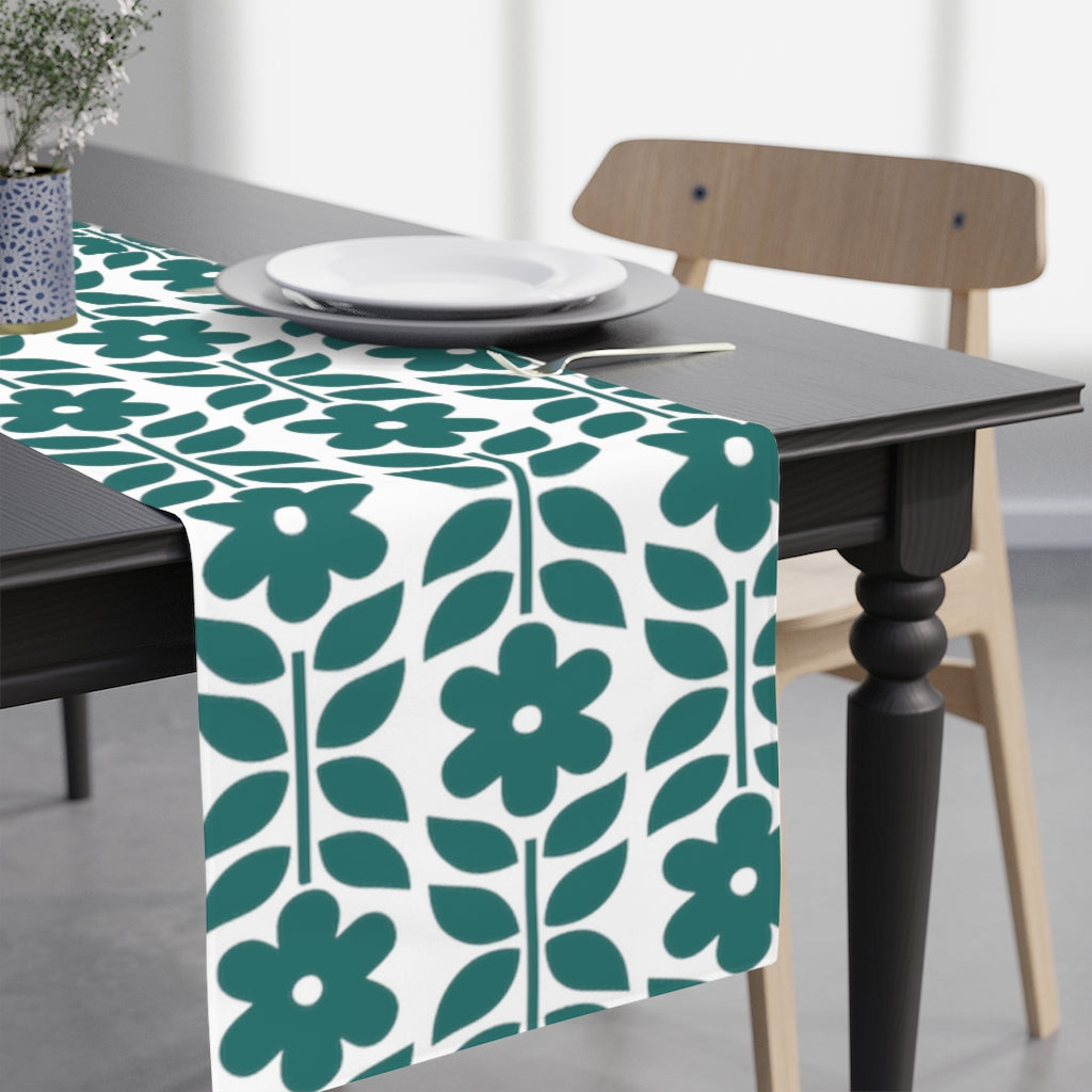 abstract floral table runner in teal blue green color