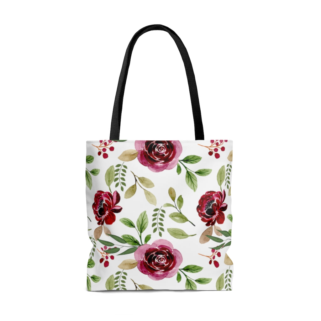 white tote bag with pink roses
