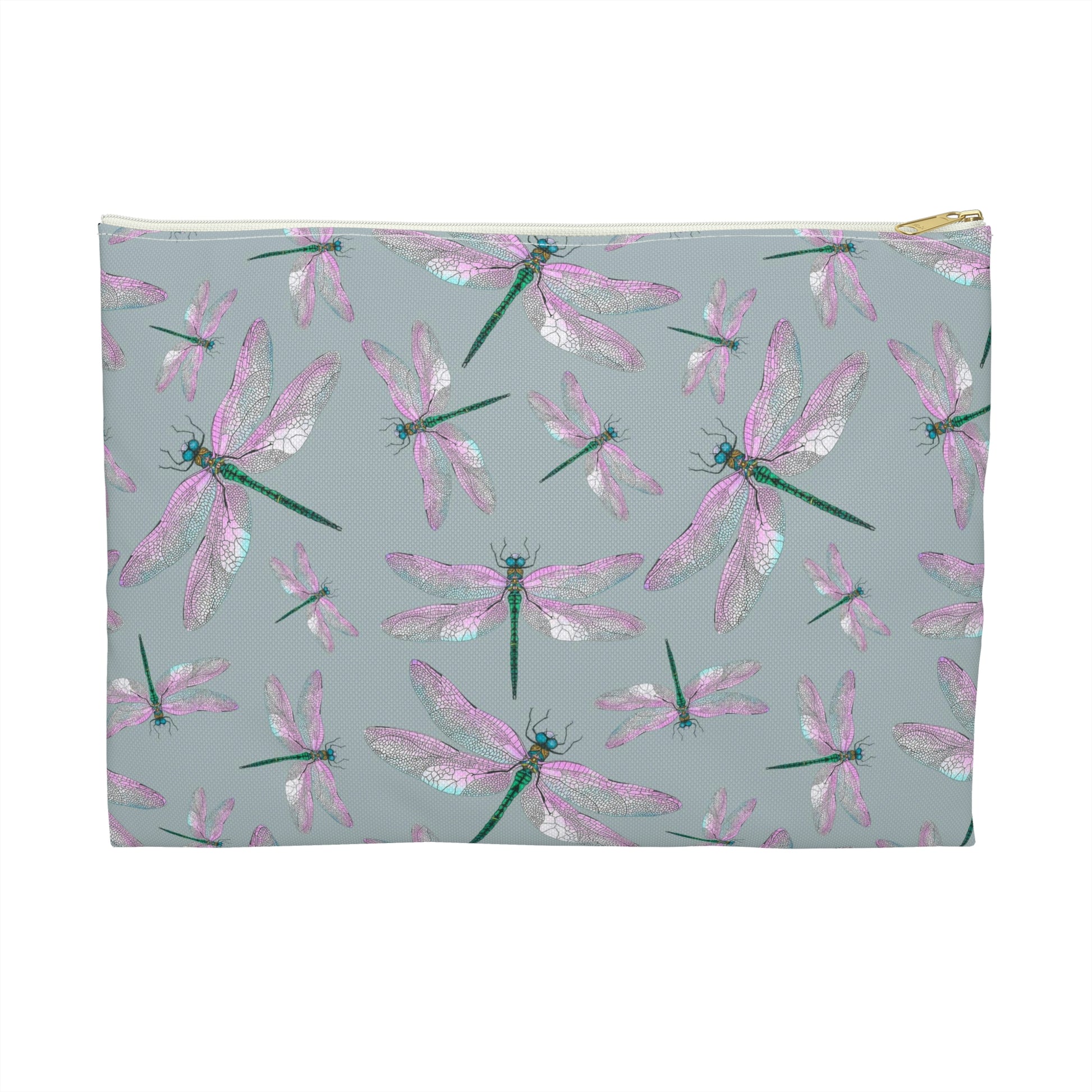 blue makeup bag with pink dragonfly print