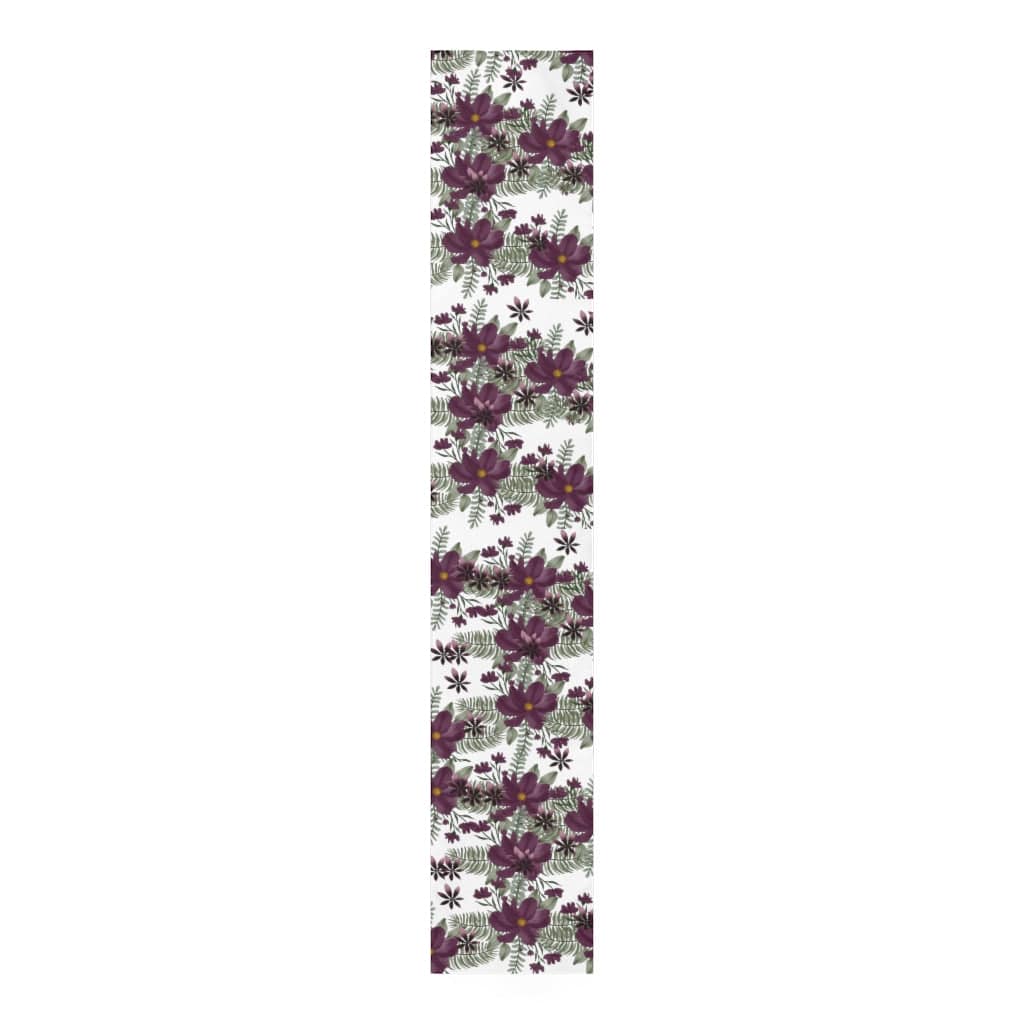 summer table runner with purple flowers and gray leaves 