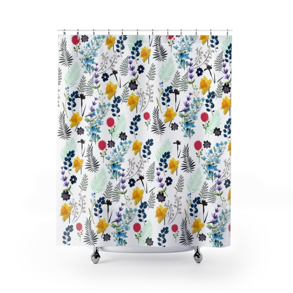floral shower curtain with navy blue, yellow, teal and green flowers and leaves