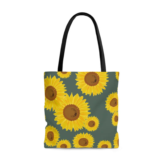 farmhouse sunflower tote bag. grey background with yellow sunflowers 