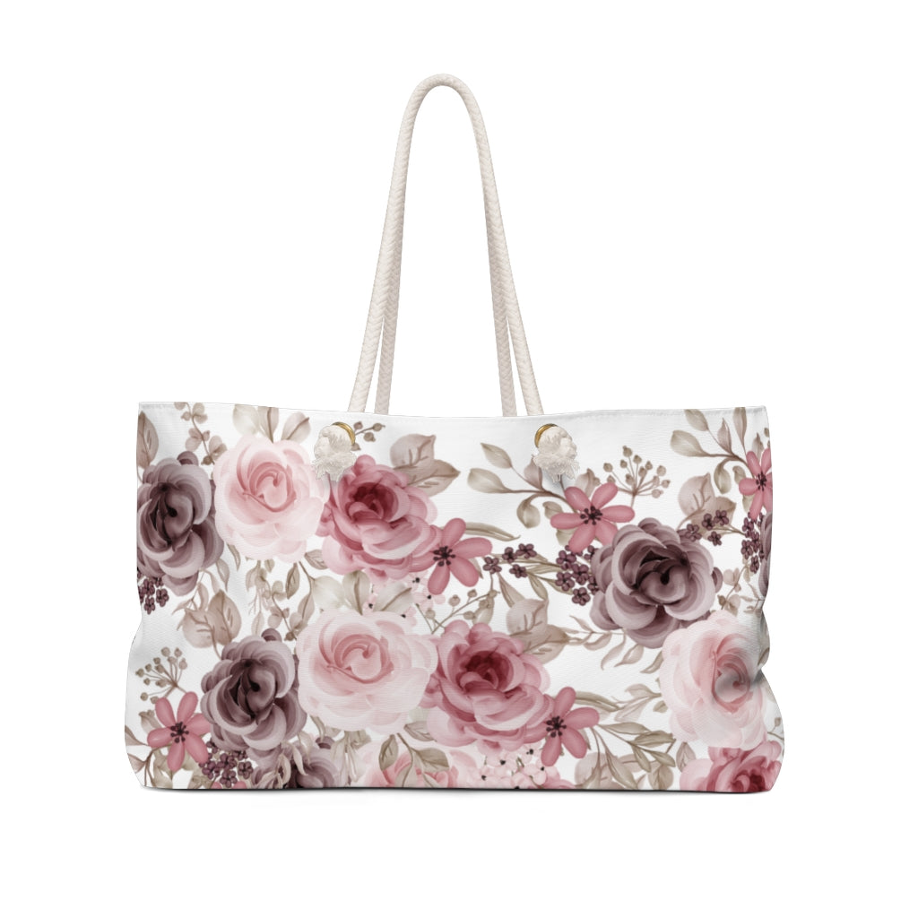 floral weekender bag with pink and purple roses