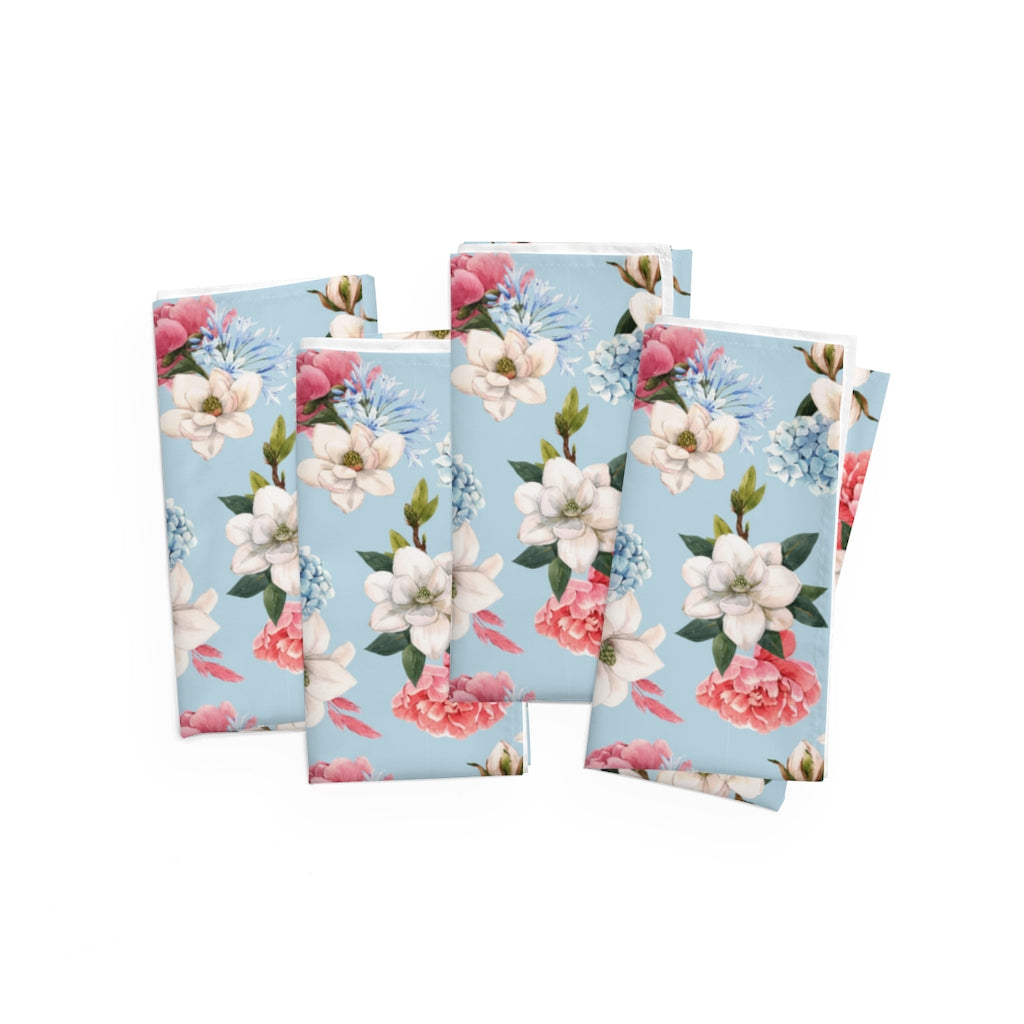 set of 4 dinner napkins in blue with hydrangeas 