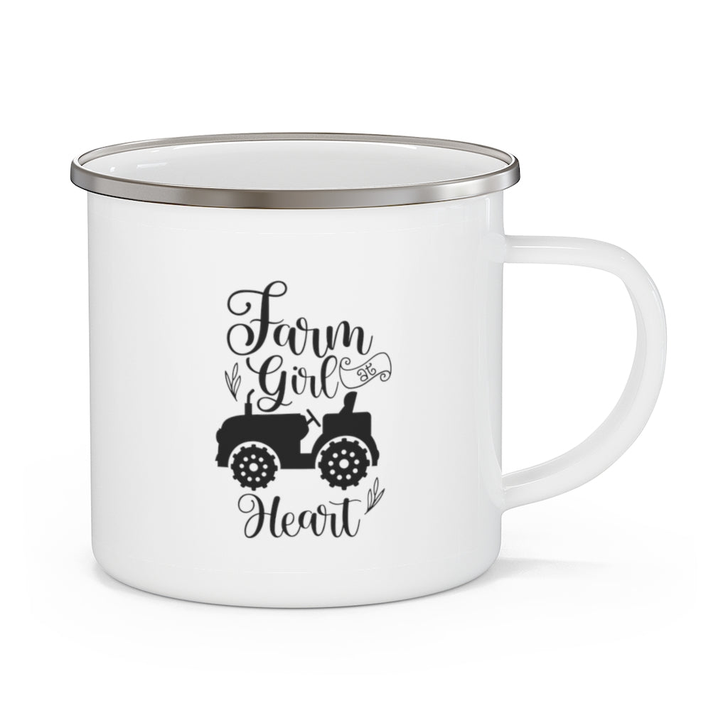 farmhouse camping mug for a farm girl at heart. white mug with black letters in farmhouse style 