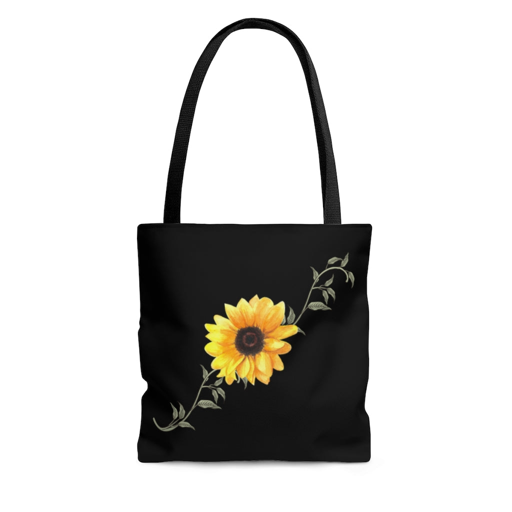 yellow sunflower tote bag on a black background