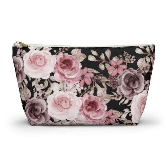 black cosmetic bag with pink and purple roses