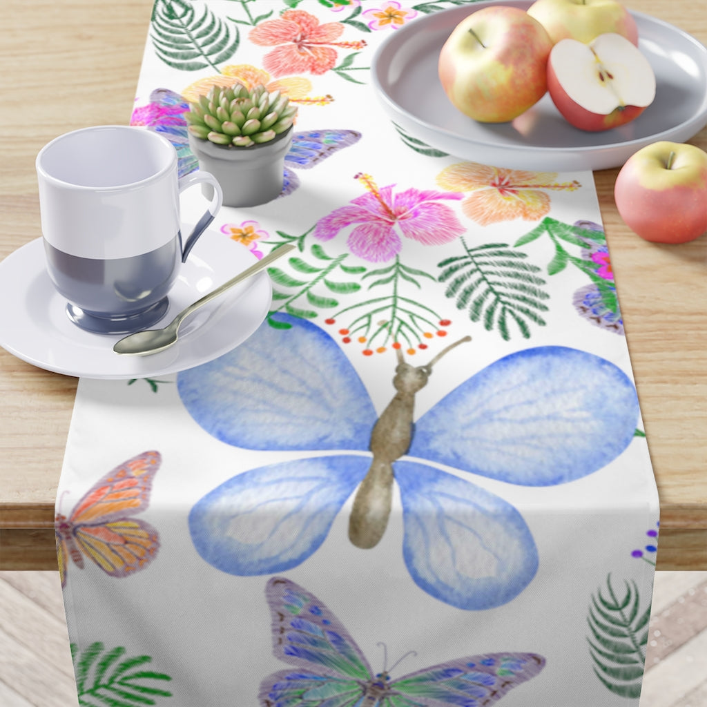 farmhouse butterfly and flower table runner in blue, pink and yellow colors 