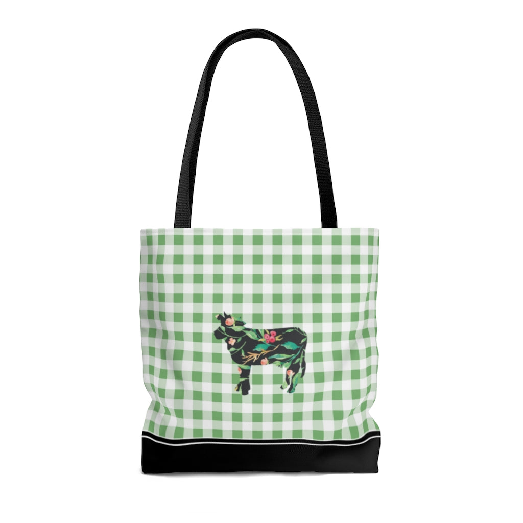 Farmhouse Tote Bag / Green Buffalo Plaid Bag / Cow Travel Bag