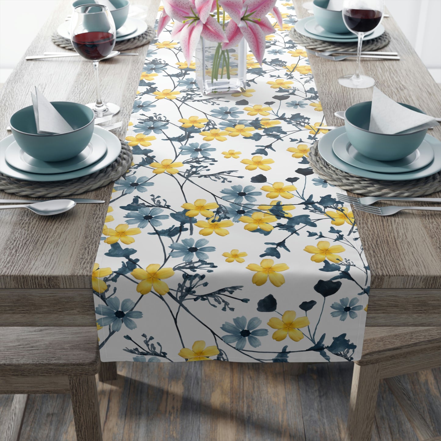 blue and yellow flower table runner for summer or spring decor