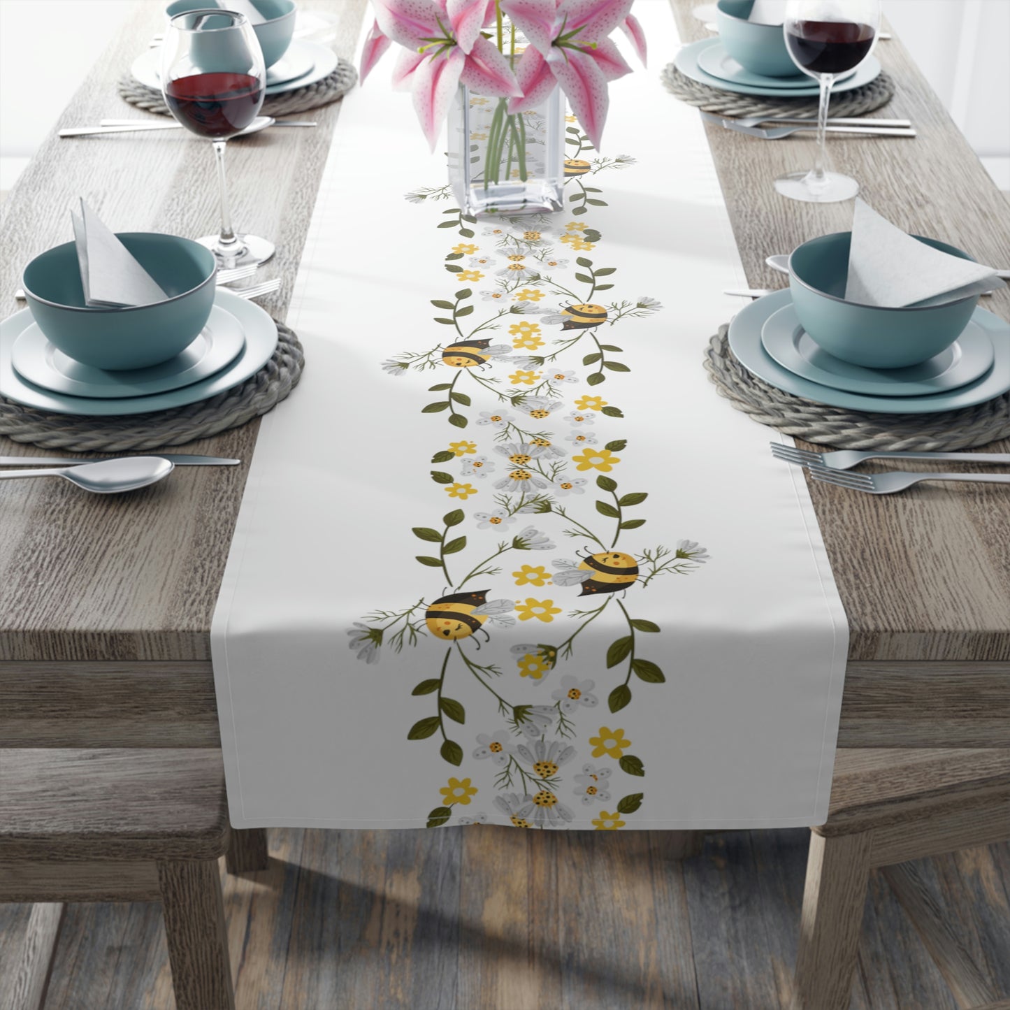honey bee and daisy spring table runner in black and yellow