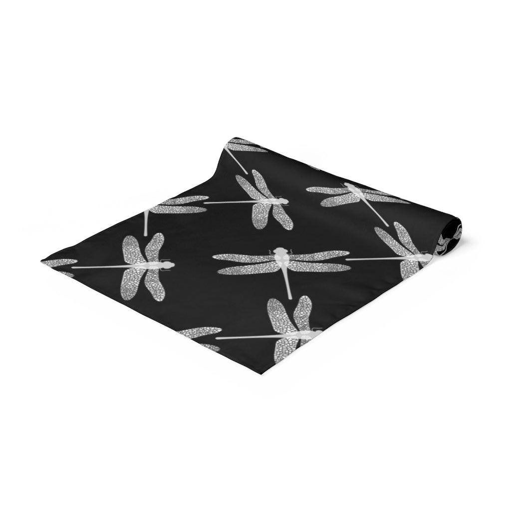 dragonfly table runner in black and white pattern