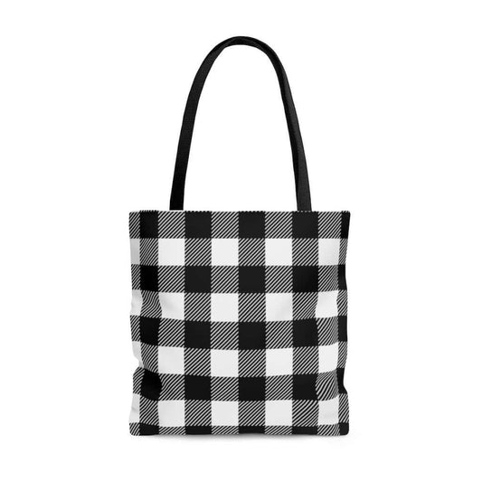 buffalo plaid farmhouse tote bag, black and white check bag, travel farmhouse bag