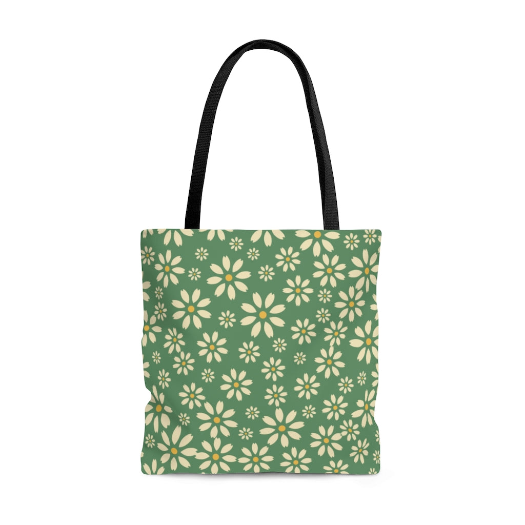 green tote bag with white daisy print