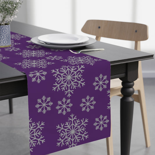 purple christmas table runner with silver snowflake pattern