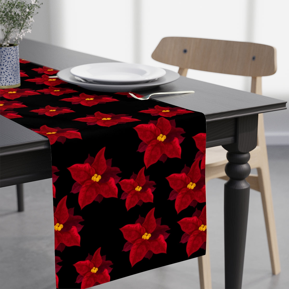 christmas table runner with red poinsettia flower pattern