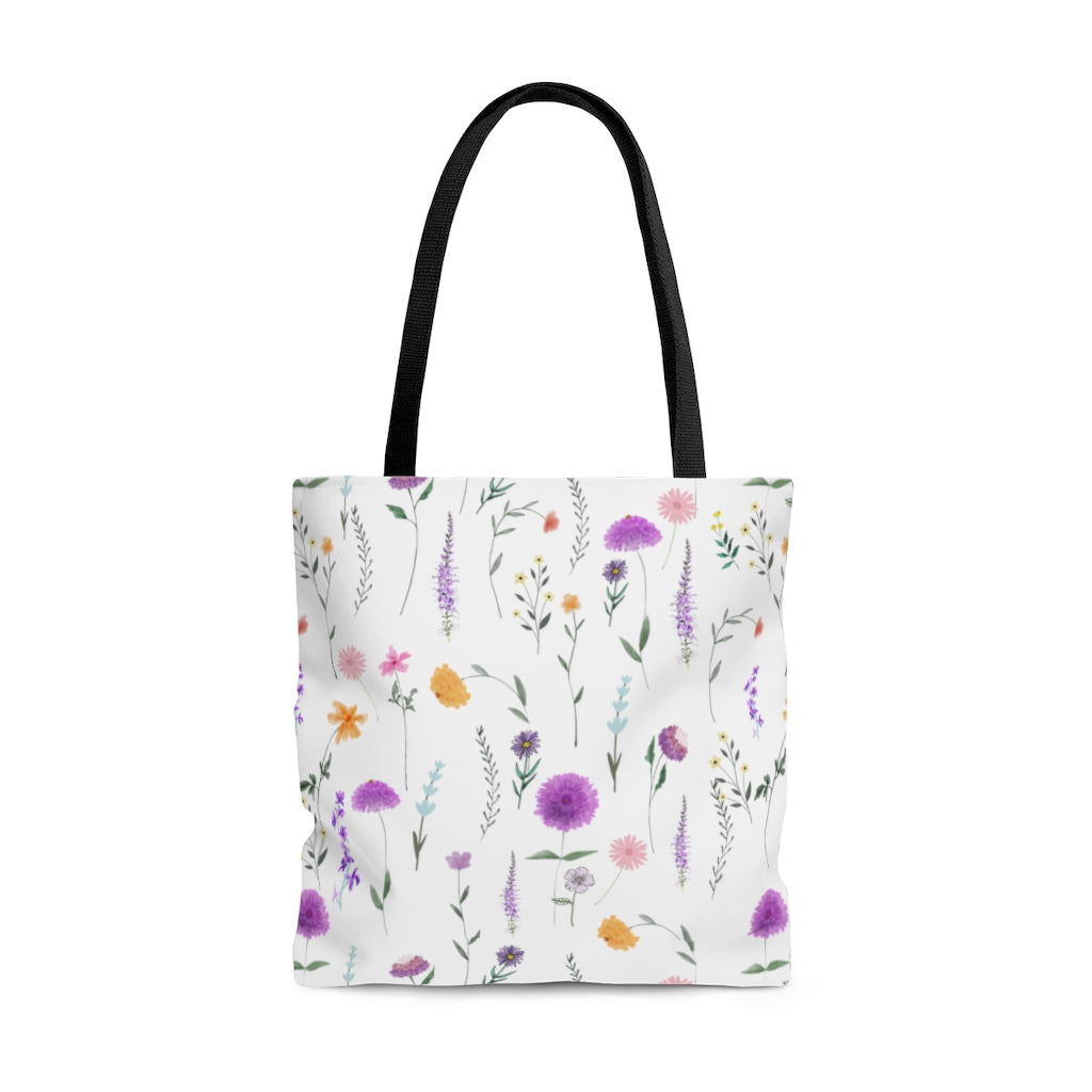 wildflower tote bag with pink, purple and yellow flowers