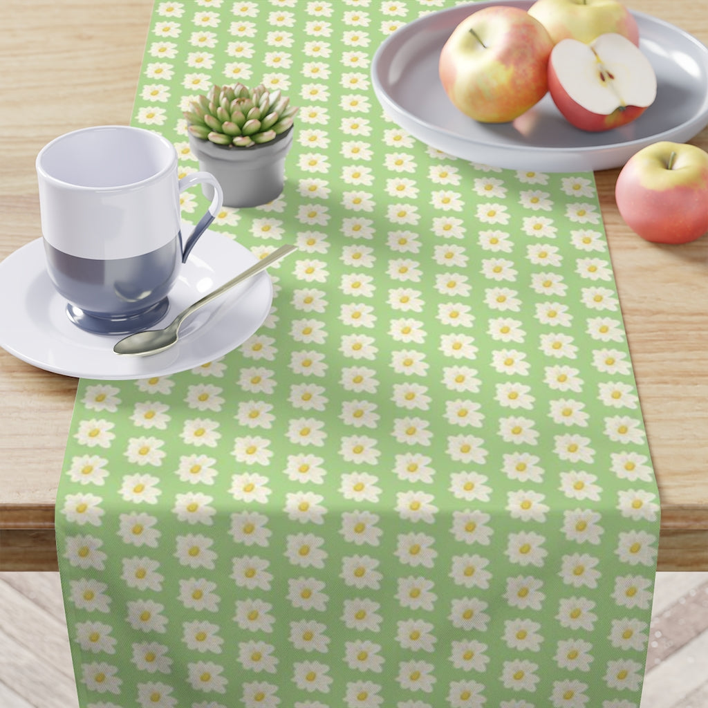 farmhouse white daisy table runner in mint green