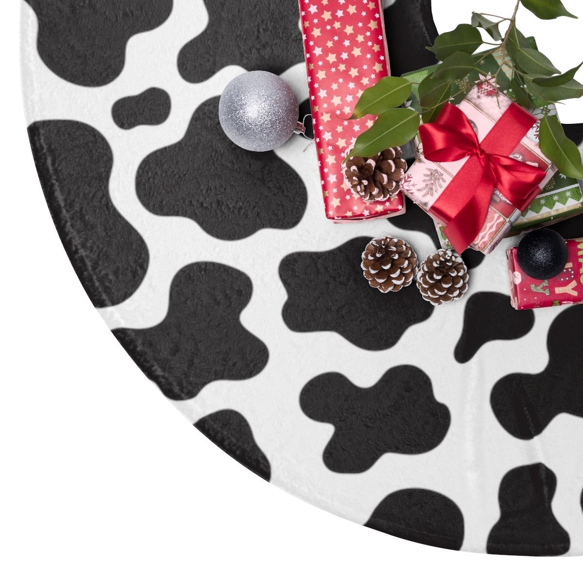 cow print christmas tree skirt in black and white classic cow print