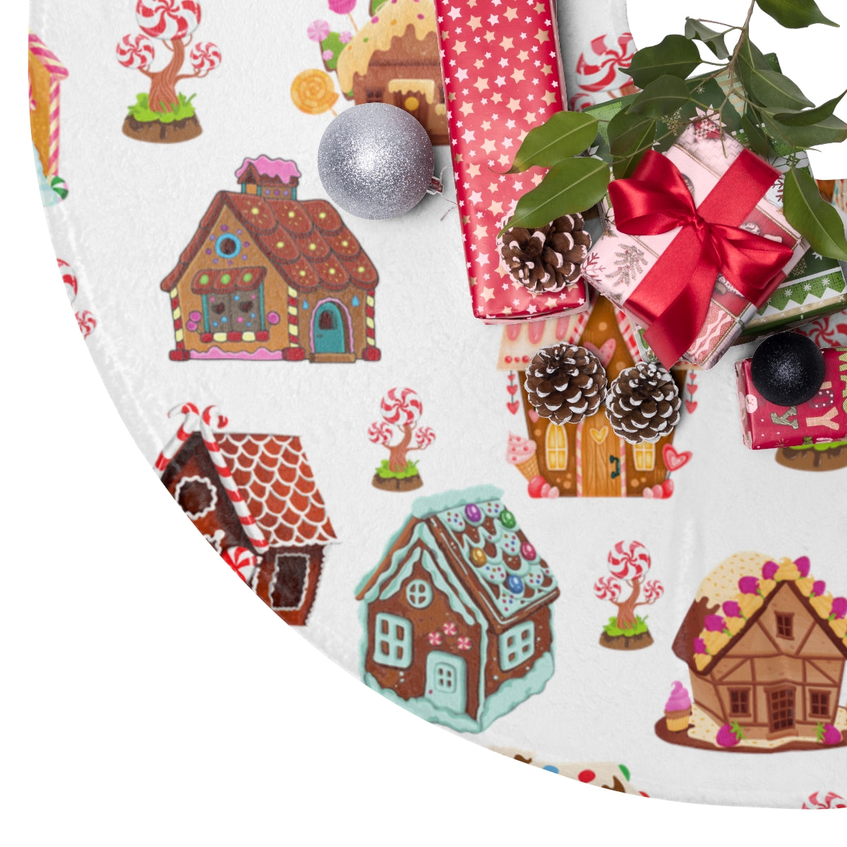 close up view of christmas tree skirt with gingerbread house pattern
