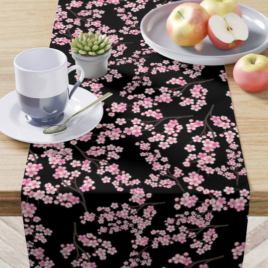 cherry blossom table runner with black background