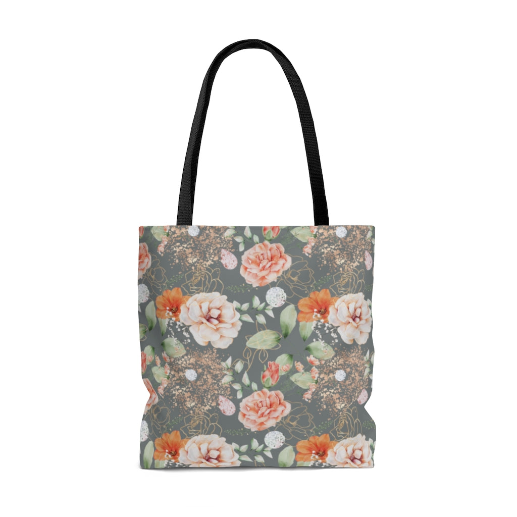 summer floral tote bag with pink and orange rose print 