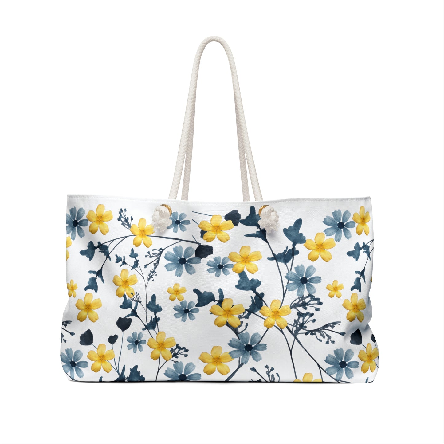 Spring Bag, Floral Weekender Bag, Yellow Flower Bag, Flower Overnight Bag, Navy Blue Tote Bag, Summer Beach Bag, Mother's Day Gift,