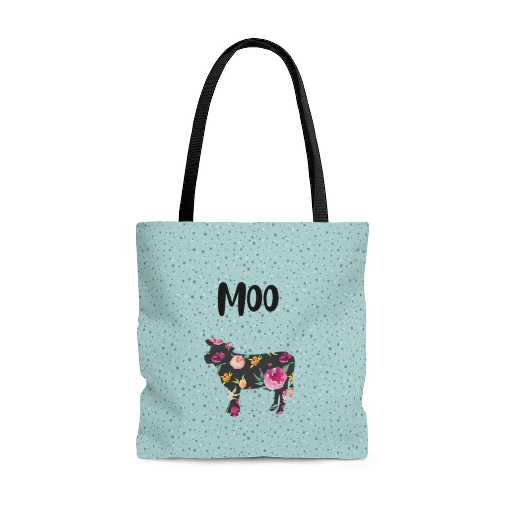 farmhouse tote bag with a floral cow and moo letters 