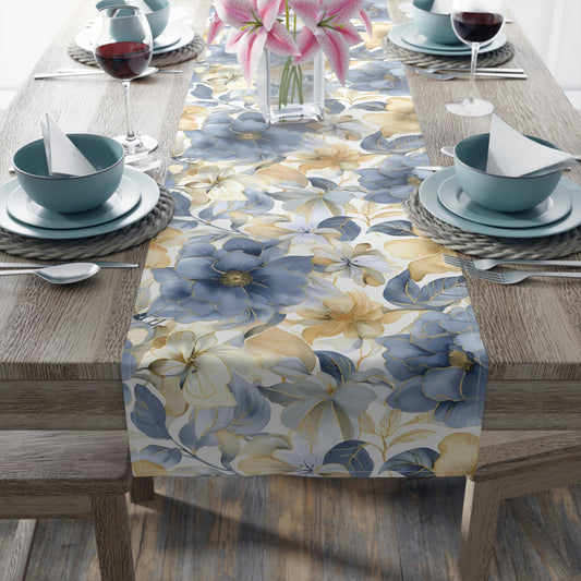 summer floral table runner with blue, gold and yellow flower print