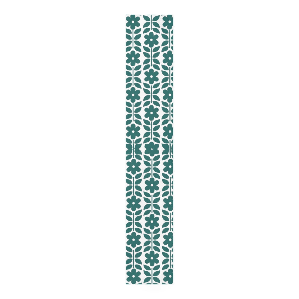 teal table runner in abstract flower pattern