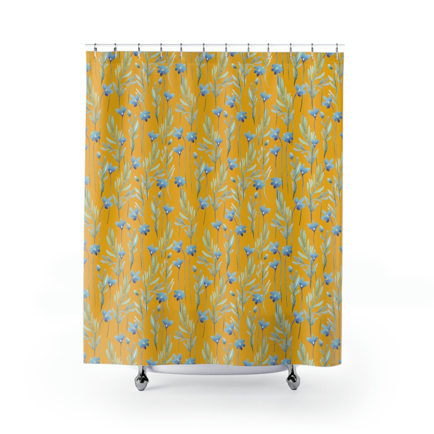mustard yellow shower curtain with blue flower print