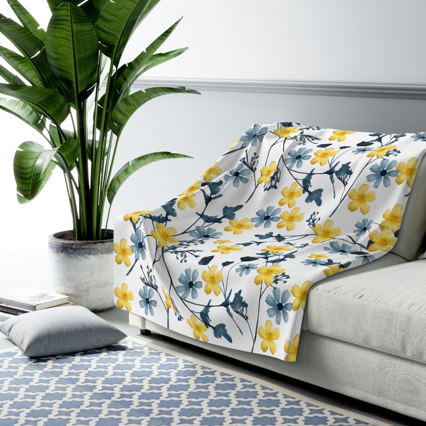 Navy Blue and Yellow Flower Blanket