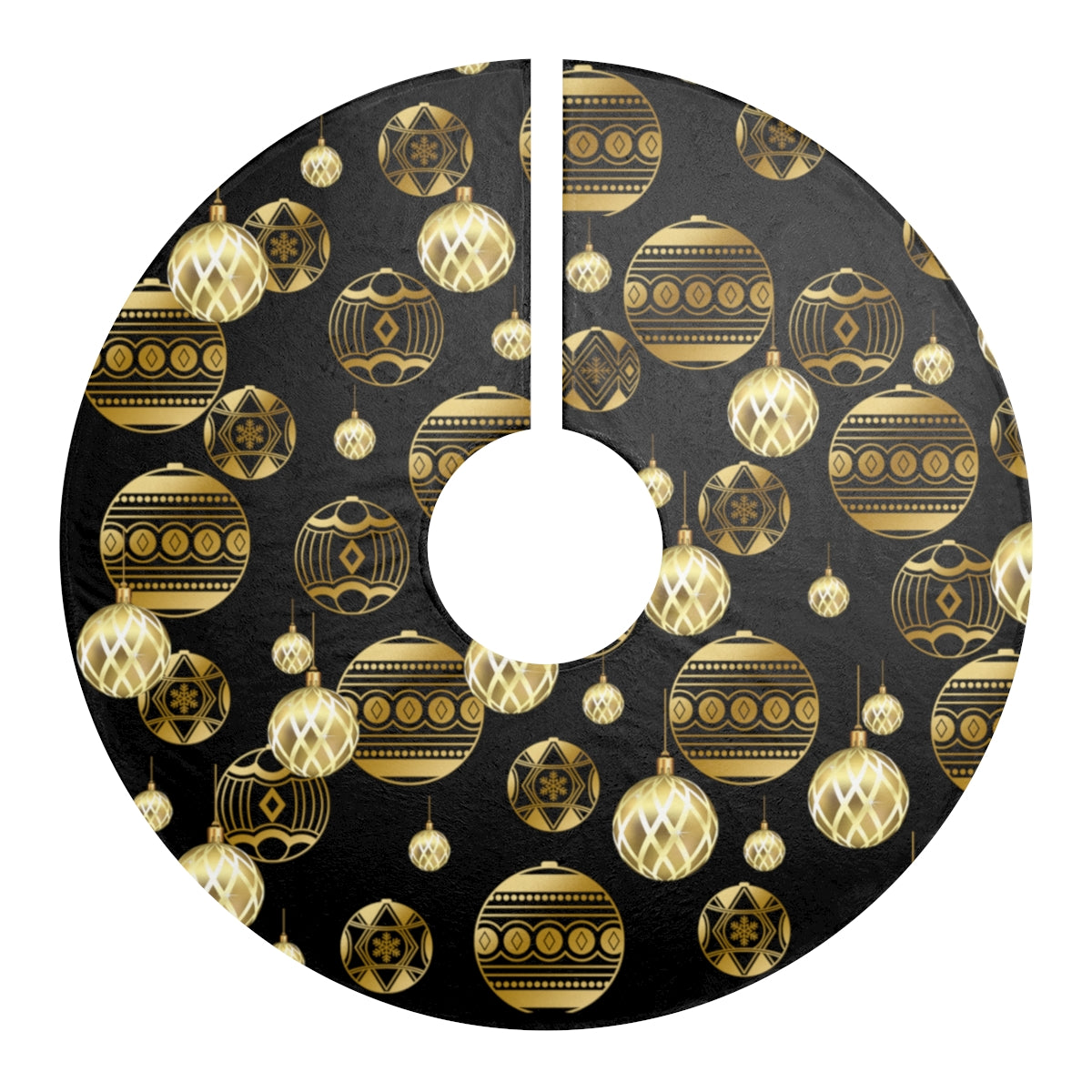 full view of black and gold christmas tree skirt with black background and gold christmas ornaments