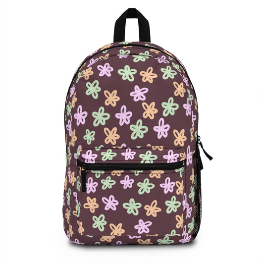purple abstract flower backpack with boho flowers in green, orange and purple colors
