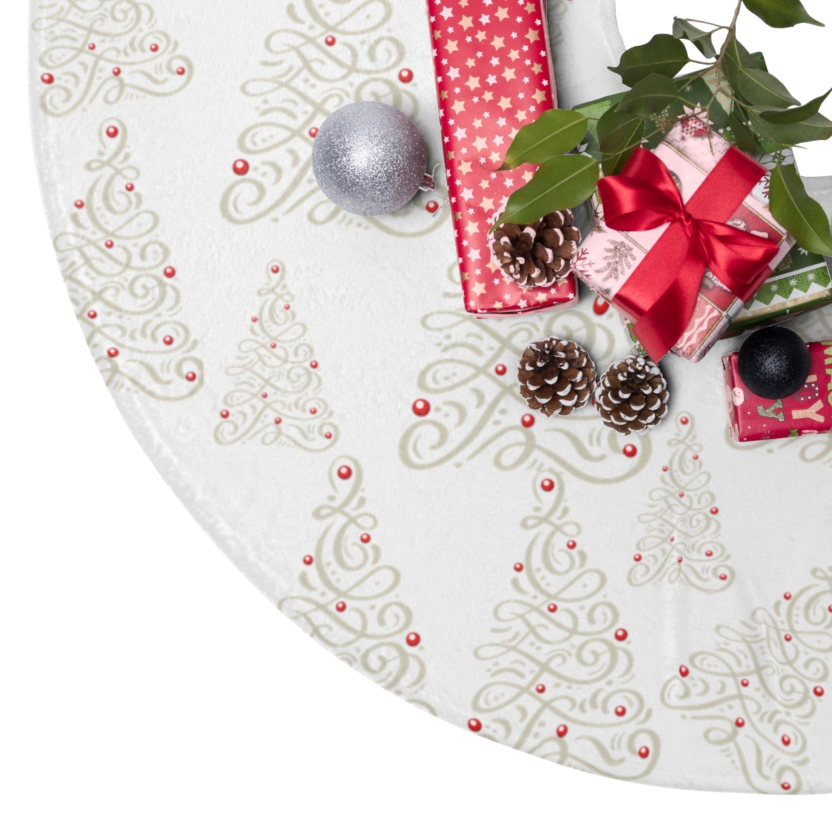 White Christmas Tree skirt with silver trees and red christmas bulbs