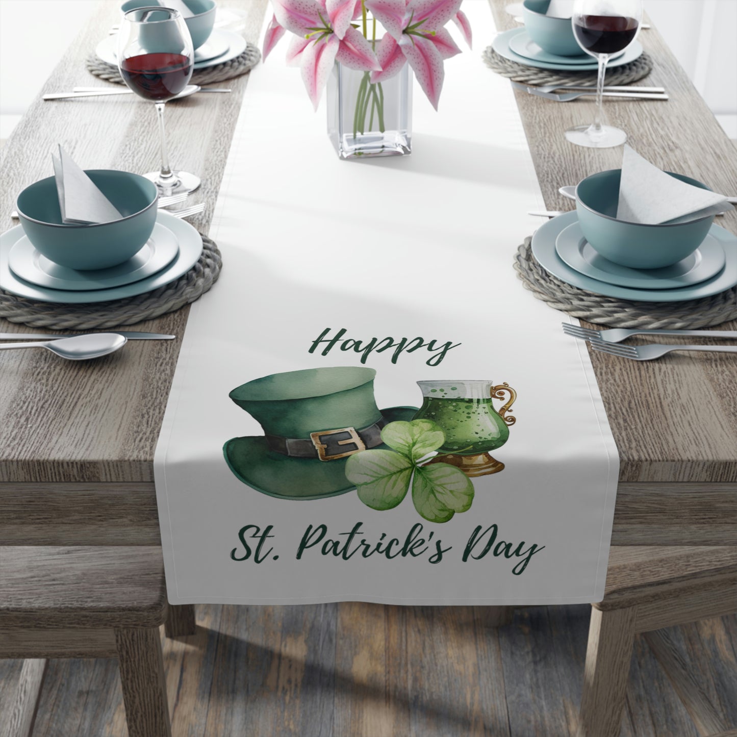 st patricks day table runner with green leprachaun hat, a clover leaf and a green irish drink