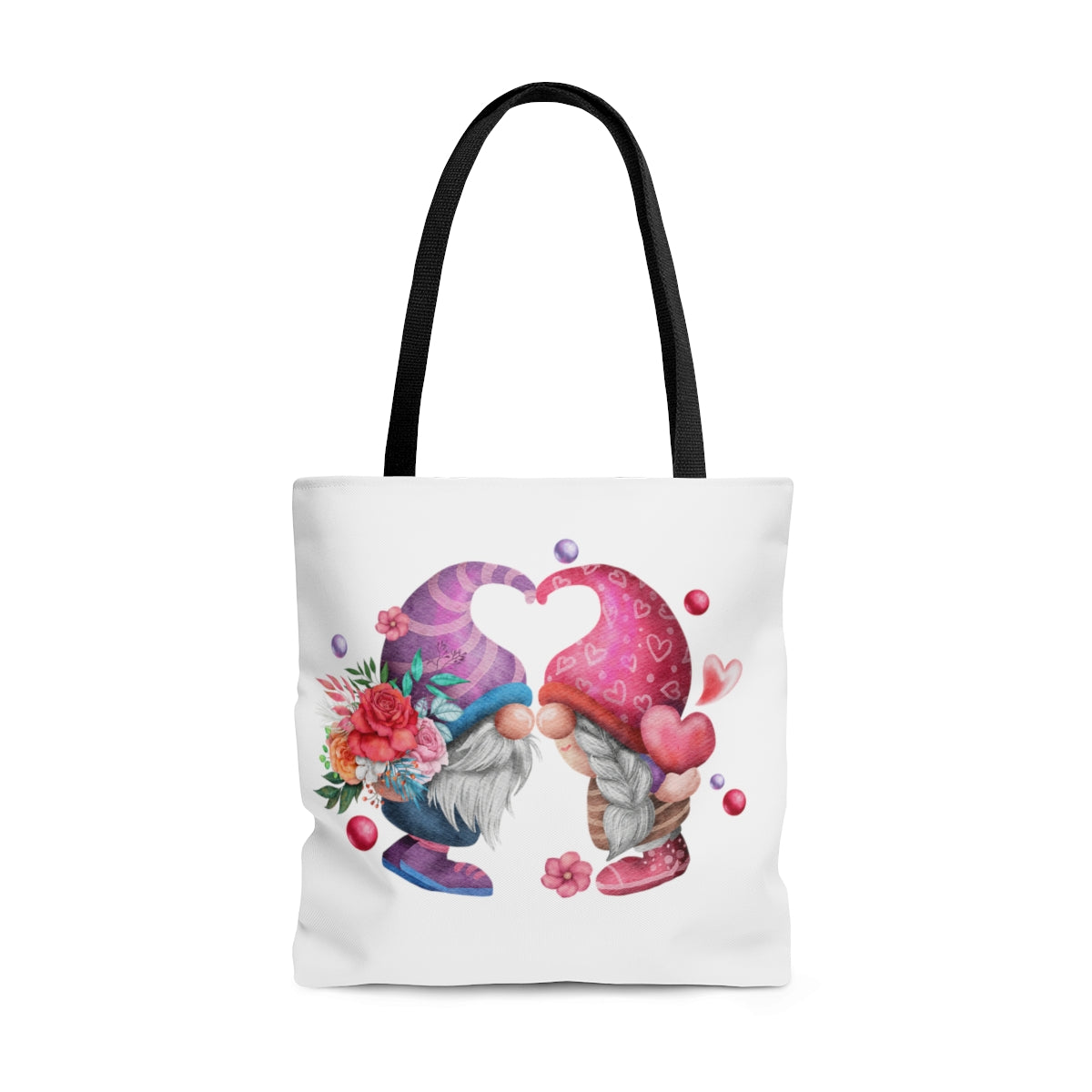 gnome tote bag with gnome couple and hearts for valentines day gift