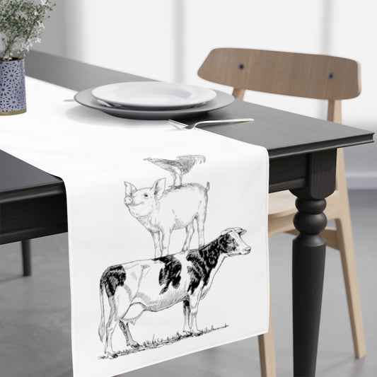 farmhouse table runner with a cow pig and rooster stacked. black farm animals on a white cotton
